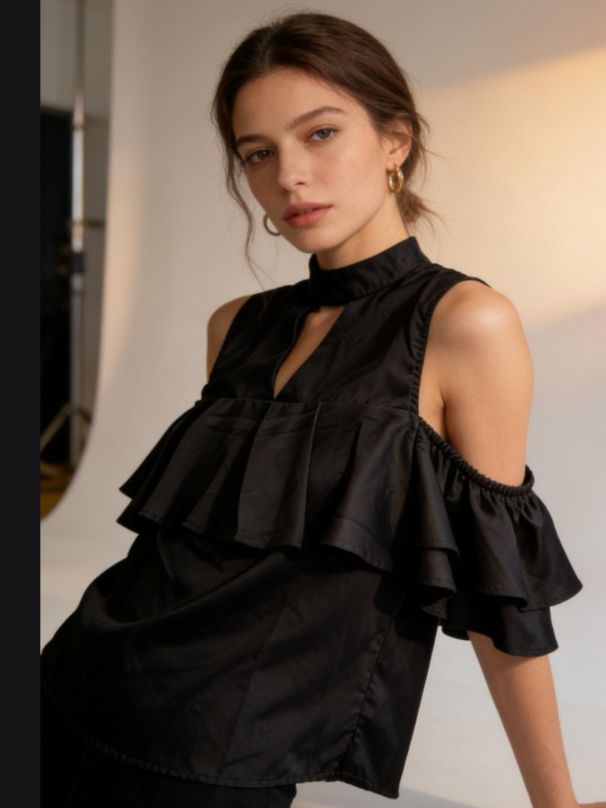 J.O.A. Black Cold-Shoulder Ruffle Blouse